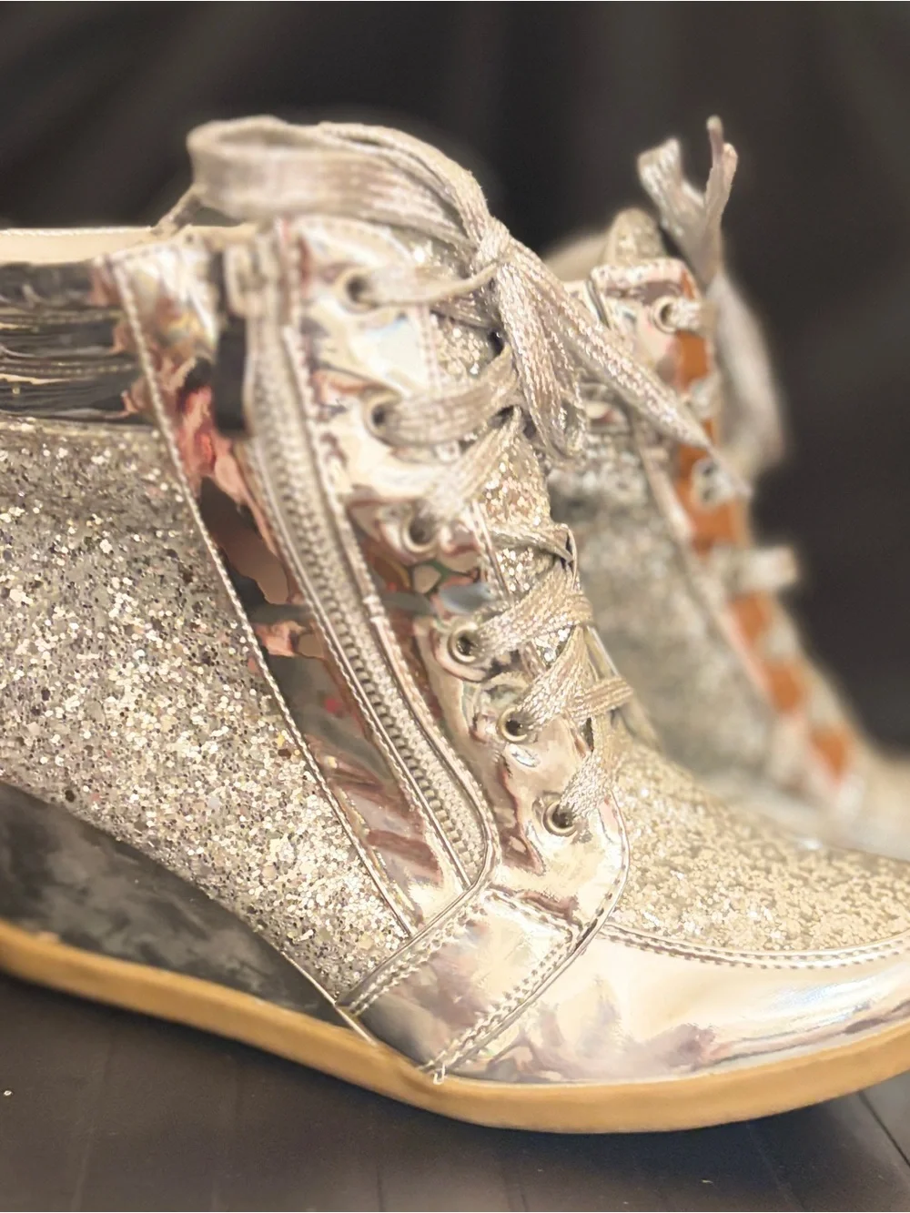 Women's Silver Glitter Wedge Sneakers - Fashion Hi-Top